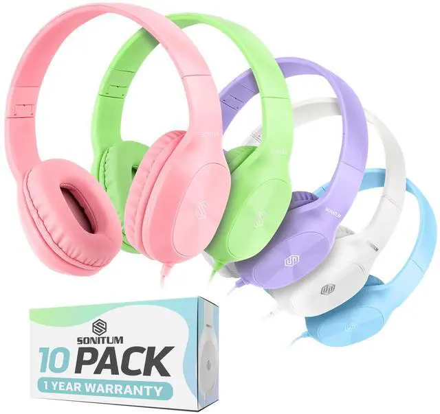 Main image of Classroom Headphones-Bulk 10-Pack, Student On Ear Comfy Swivel Earphones for Library, School, Airplane, Kids-for Online Learning and Travel, HQ Stereo Sound 3.5mm Jack (Mixed Colors)