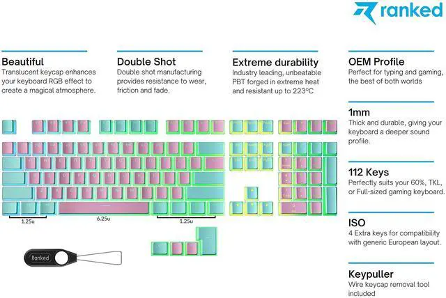 Alt view image 2 of 5 - Ranked Pudding PBT Keycaps | 112 Double Shot Translucent ANSI US & ISO Layout | OEM Profile for RGB Mechanical Gaming Keyboard (Miami Vice)
