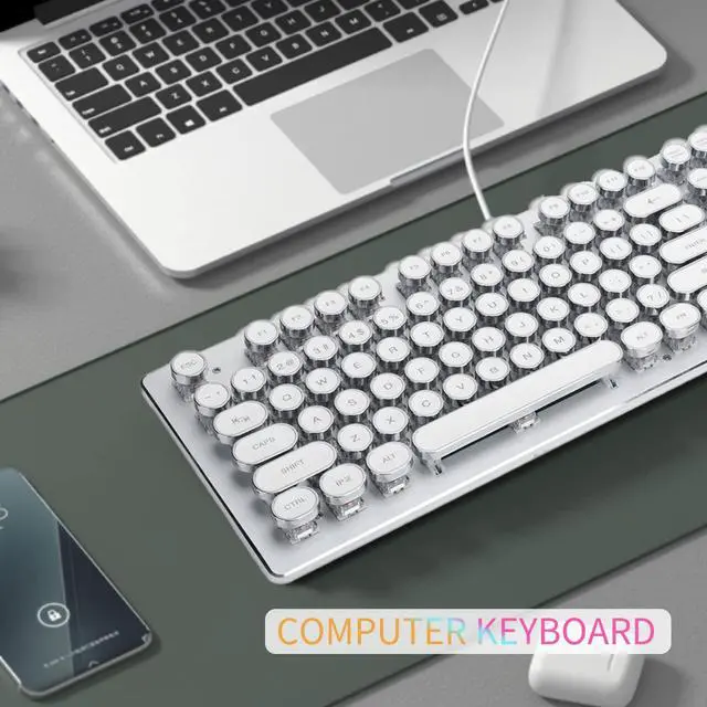 Alt view image 5 of 5 - Acogedor Mechanical Gaming Keyboard, Retro Steampunk Typewriter Keyboard, 104 Keys USB Wired Mixed Light Backlit with Round Keycaps(White)