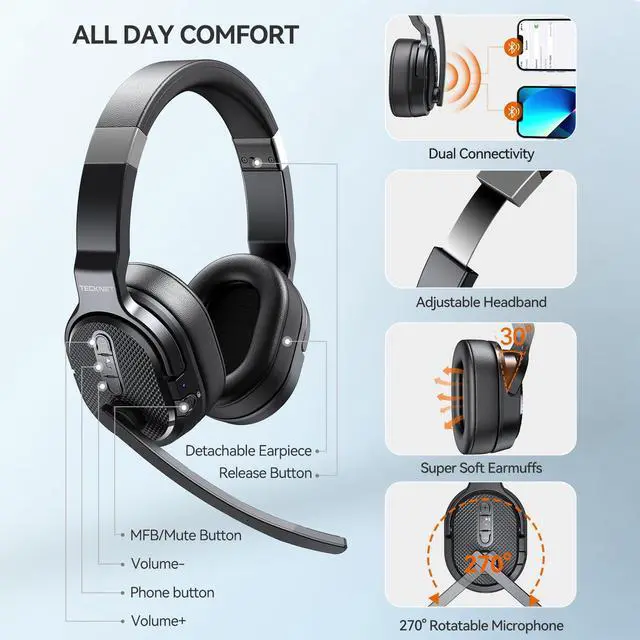 Alt view image 5 of 5 - TECKNET Bluetooth Trucker Headset, 40Hrs Single and Dual Ear Wireless Headset with Mic for Work Noise Cancelling, 3 EQ Music Modes Trucker Bluetooth Headset for PC, Drivers, Office, Call Center Work