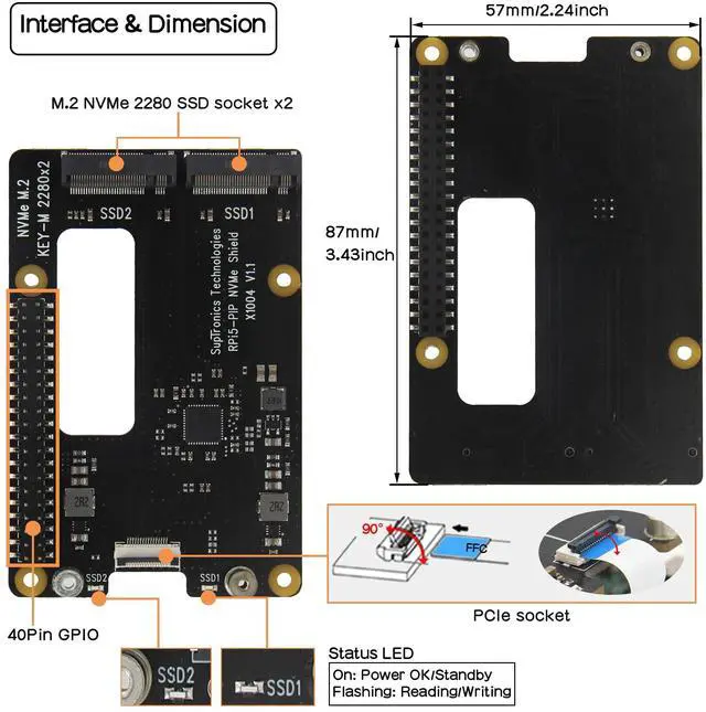 Alt view image 2 of 5 - Geekworm X1004 PCIe to Dual M.2 HAT NVMe 2280 SSD PCIe Peripheral Board for Raspberry Pi 5