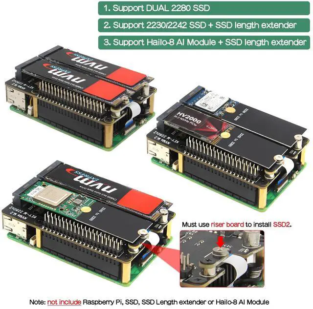 Alt view image 3 of 5 - Geekworm X1004 PCIe to Dual M.2 HAT NVMe 2280 SSD PCIe Peripheral Board for Raspberry Pi 5