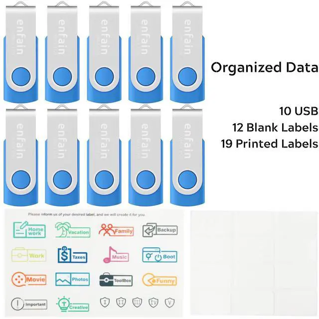 Alt view image 2 of 5 - Elevate Your Data Storage with Enfain's 16GB USB 2.0 Flash Drives: 10 Pack of Stylish Blue Swivel Thumb Drives with LED Indicators and 12 White Labels for Easy Content Organization