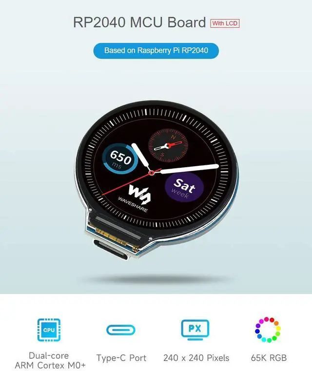 Alt view image 3 of 5 - Waveshare RP2040 MCU Board with 1.28inch Round LCD Accelerometer and Gyroscope Sensor