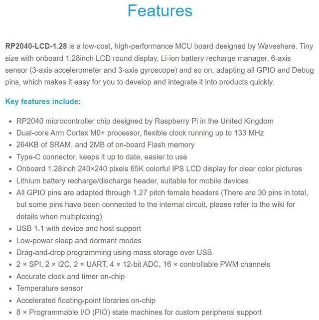 Alt view image 4 of 5 - Waveshare RP2040 MCU Board with 1.28inch Round LCD Accelerometer and Gyroscope Sensor