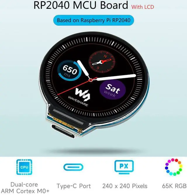 Alt view image 2 of 5 - waveshare RP2040 MCU Board Based on Raspberry Pi RP2040 Onboard 1.28inch Round LCD 240x240 Pixels 65K RGB Colors IPS LCD Display,Accelerometer and Gyroscope Sensor Dual-Core Arm Cortex M0+ Processor