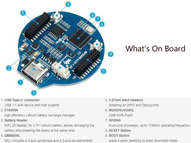 Alt view image 3 of 5 - waveshare RP2040 MCU Board Based on Raspberry Pi RP2040 Onboard 1.28inch Round LCD 240x240 Pixels 65K RGB Colors IPS LCD Display,Accelerometer and Gyroscope Sensor Dual-Core Arm Cortex M0+ Processor