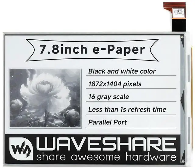 Main image of Waveshare7.8inch E-Ink Raw Display Compatible with Raspberry Pi 4B/3B+/3B/2B/B+/A+/Zero/Zero W/WH/Zero 2W Series Boards 1872×1404 Resolution with Parallel Port Without PCB Supports Partial Refresh