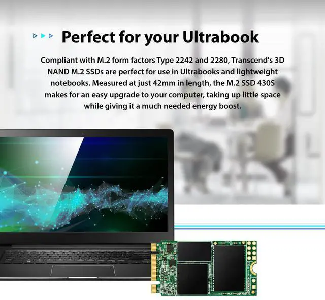 Alt view image 5 of 5 - Transcend 256GB M.2 2242 SATA III SSD with Dram Cache, Up to 530MB/s, Compatible w/Ultrabook/Laptop/PC/Desktop, 3D TLC NAND Flash Internal Solid State Drive, LDPC Error Correction, SLC Cache, B+M Key