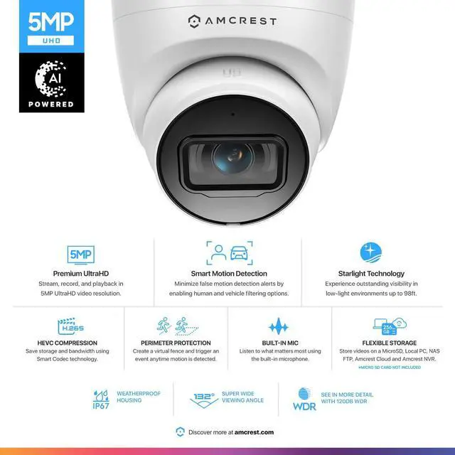 Alt view image 2 of 5 - Amcrest 5MP Turret POE Camera, UltraHD Outdoor IP Camera POE with Mic/Audio, 5-Megapixel Security Surveillance Cameras, 98ft NightVision, 132° FOV, MicroSD (256GB), (IP5M-T1179EW-AI-V3)