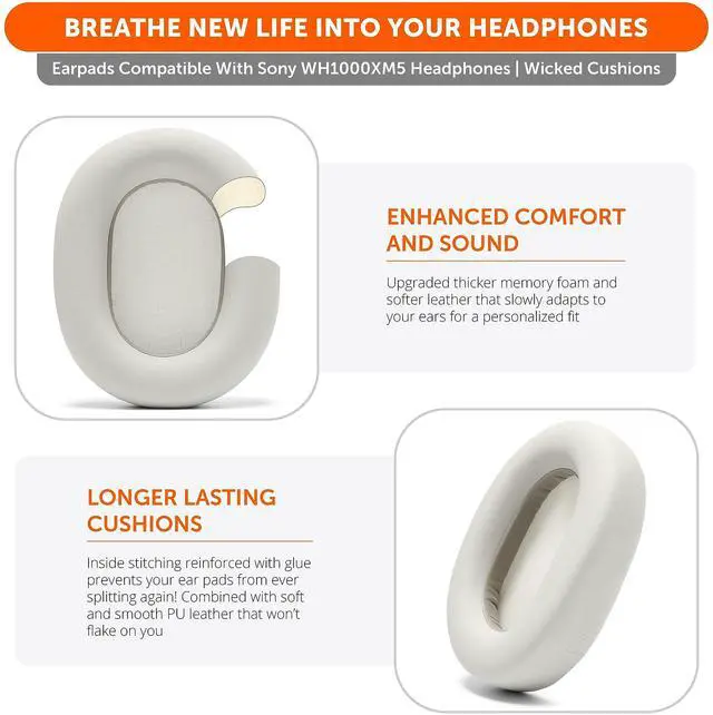 Alt view image 3 of 4 - WC Wicked Cushions Extra Thick Earpads for Sony XM5 - Soft PU Leather Cushions, Luxurious Noise Isolating Memory Foam, Added Thickness | Silver
