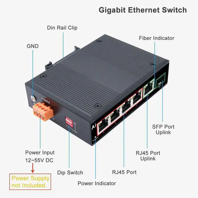 Alt view image 2 of 5 - Industrial 6 Ports Gigabit Ethernet Switch Hardened 5 Port RJ45 10/100/1000Mbps Network Switch with SFP Slot Din Rail RJ45 Fiber Switch -40 to 176 ºF Din-Rail Mount Ethernet Hub