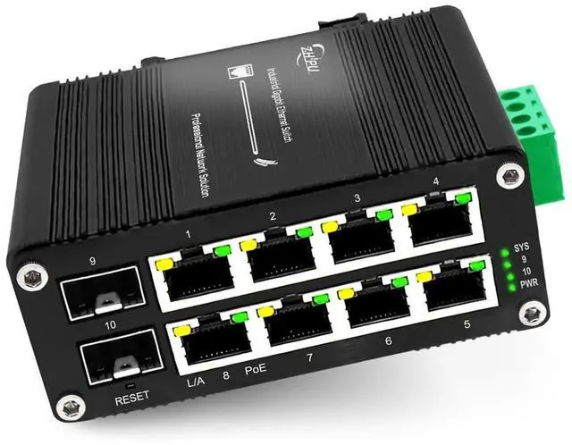 Main image of Industrial 8 Port PoE Ethernet Switch with 2 SFP Slot, Gigabit Networking Switch Supporting Din-Rail, 48~57VDC Power Input