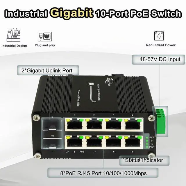 Alt view image 2 of 5 - Industrial 8 Port PoE Ethernet Switch with 2 SFP Slot, Gigabit Networking Switch Supporting Din-Rail, 48~57VDC Power Input