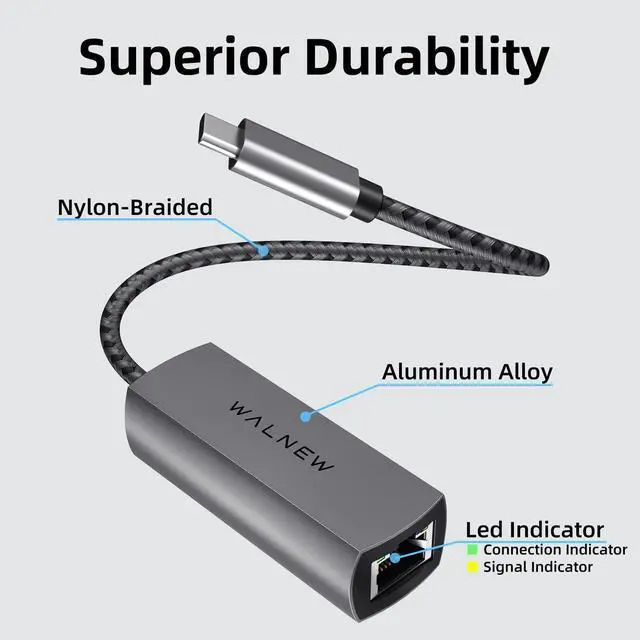 Alt view image 4 of 5 - WALNEW USB-C 2.5gb Ethernet Adapter, USBC to RJ45 LAN Connector,2.5 Gigabit Network Cable Converter Thunderbolt 3 for NAS Server,Mac,iMac,MacBook Pro,iPad Air,Dell XPS 17 15,Surface Laptop,Chromebook
