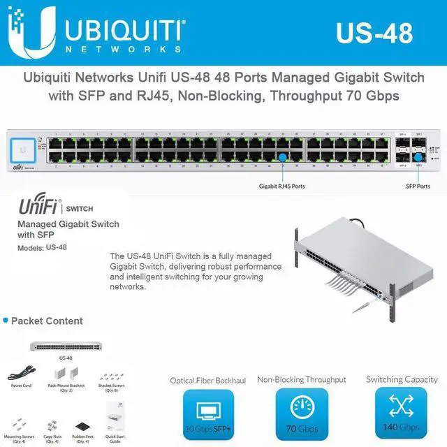 Main image of Ubiquiti Network Unifi US-48 48 Ports Managed Gigabit Switch with SFP and RJ45, Non-Blocking, Throughput 70 Gbps