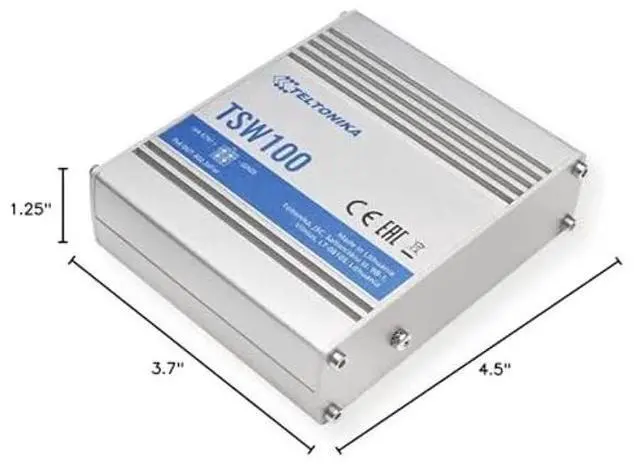 Alt view image 5 of 5 - Teltonika TSW100000030 Model TSW100 Industrial Unmanaged POE+ Switch, AU PSU, 4 x PoE Ports, Rugged Aluminum Housing, 5 x Gigabit Ethernet with Speeds up to 1000 Mbps, Plug-N-Play