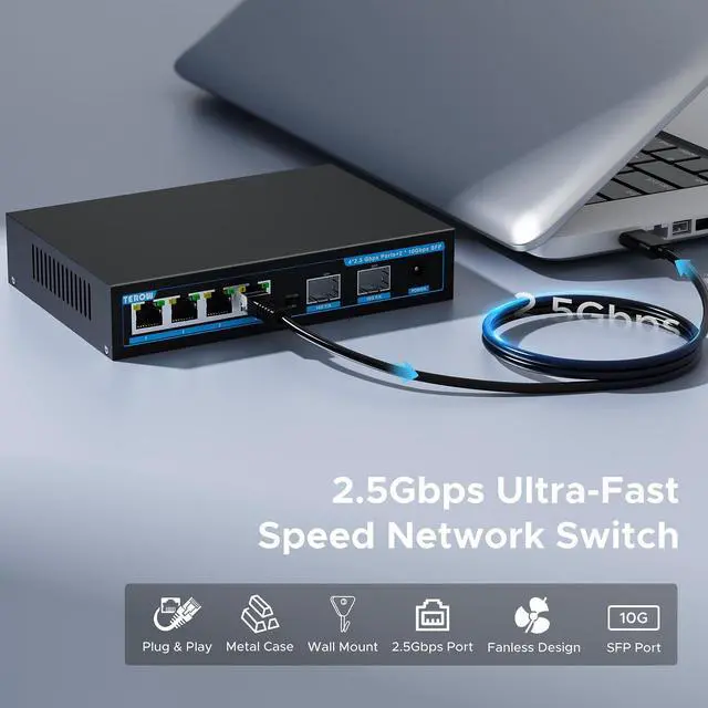 Alt view image 2 of 5 - 4-Port 2.5G Switch add 2-Port 10G SFP+, TEROW 6 Ports 2.5Gb Base-T with 2 x 10Gb SFP+ Switches , Vlan Single, Compatible with Gigabit &2.5Gbe, 10Gbs, Desktop/Ideal for AP, PC, WiFi, Home,Office