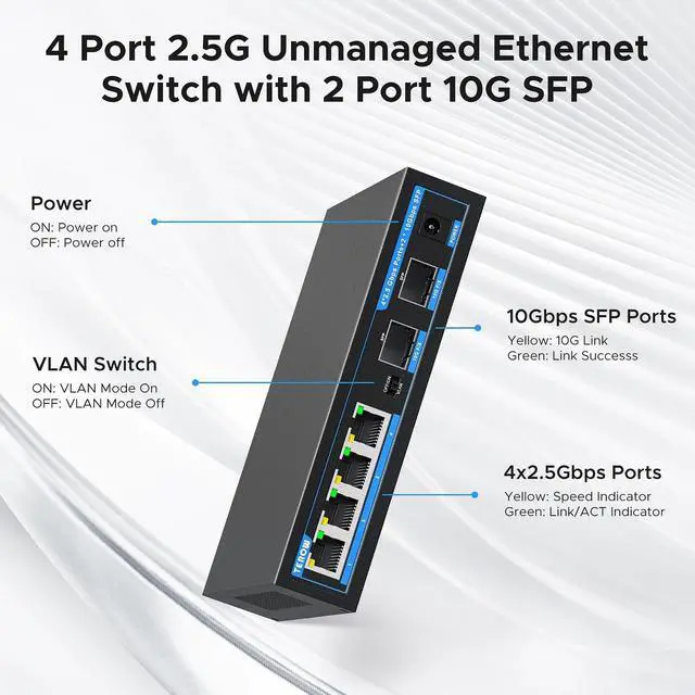 Alt view image 3 of 5 - 4-Port 2.5G Switch add 2-Port 10G SFP+, TEROW 6 Ports 2.5Gb Base-T with 2 x 10Gb SFP+ Switches , Vlan Single, Compatible with Gigabit &2.5Gbe, 10Gbs, Desktop/Ideal for AP, PC, WiFi, Home,Office