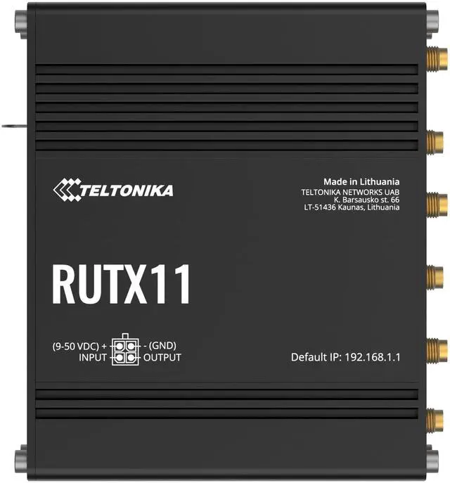 Main image of Teltonika RUTX11100400 Model RUTX11 Industrial Cellular Router; Dual SIM; for use with USA Carriers; Comes with US PSU; WI-FI & BT; 4 x Ethernet Ports; Auto Failover; Aluminum Housing
