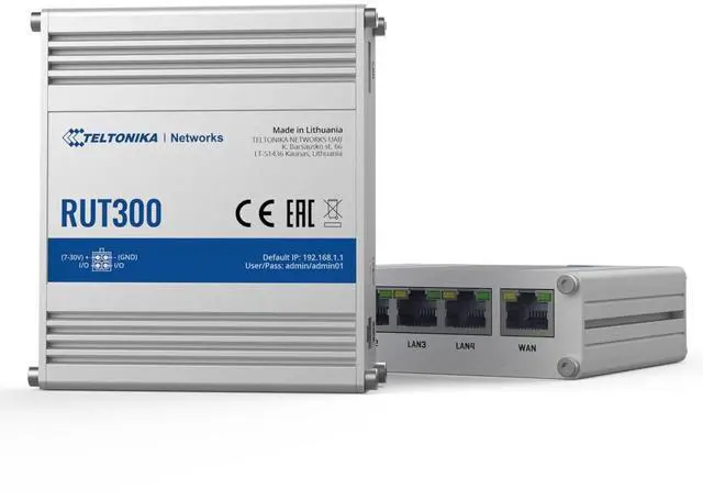 Main image of Teltonika RUT300 000100 Industrial Ethernet Router, Sturdy Aluminum Housing, Compatible with Teltonika Remote Management System, 5 x Fast Ethernet Ports (10/100 Mbps), Passive PoE, USA PSU, Silver