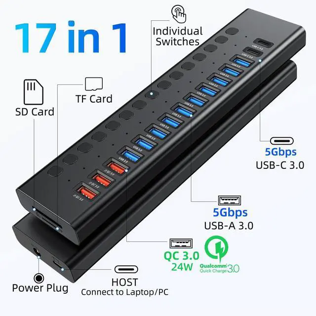 Alt view image 2 of 5 - Powered USB Hub, VANGREE 17-Port 90W USB 3.0 Hub (10 USB 3.0 Ports+3 QC24W Fast Charging Ports+2 USB-C 3.0 Ports+SD/TF Card Reader), Individual On/Off Switches, 12V/7.5A Power Adapter for Laptop, PC