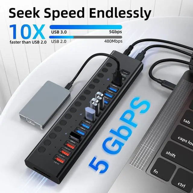 Alt view image 5 of 5 - Powered USB Hub, VANGREE 17-Port 90W USB 3.0 Hub (10 USB 3.0 Ports+3 QC24W Fast Charging Ports+2 USB-C 3.0 Ports+SD/TF Card Reader), Individual On/Off Switches, 12V/7.5A Power Adapter for Laptop, PC