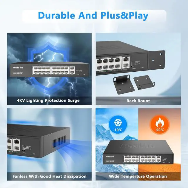 Alt view image 4 of 5 - Real HD 16 Port PoE Switch, High Power 300W, 16 PoE+ 100Mbps Ports with 2 Gigabit Uplink Ethernet Ports, Unmanaged Plug and Play, Each Port Up to 30W, 802.3af/at Compliant, Rack Mount