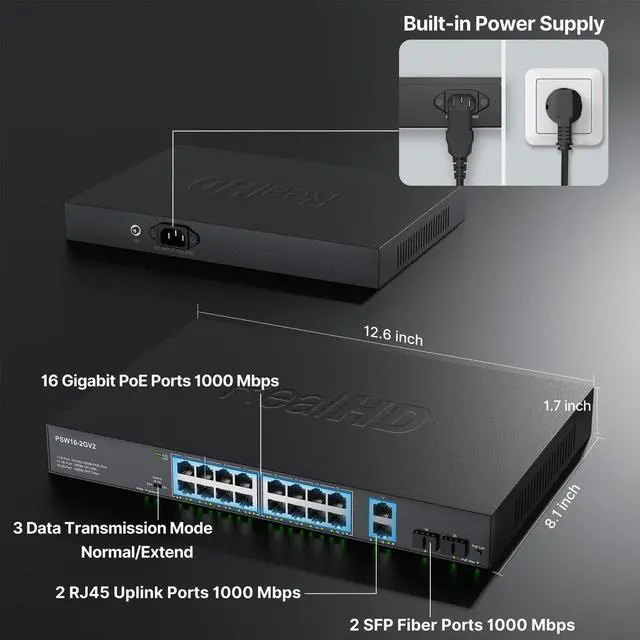 Alt view image 2 of 5 - 16 Port Full Gigabit PoE Switch with 2 *Gigabit SFP Ports & RJ45 Ports, Unmanaged Plug and Play, High Power Total Budget 300W, 802.3af/at Compliant, Fanless & Slience, Metal Housing, Rack Mount