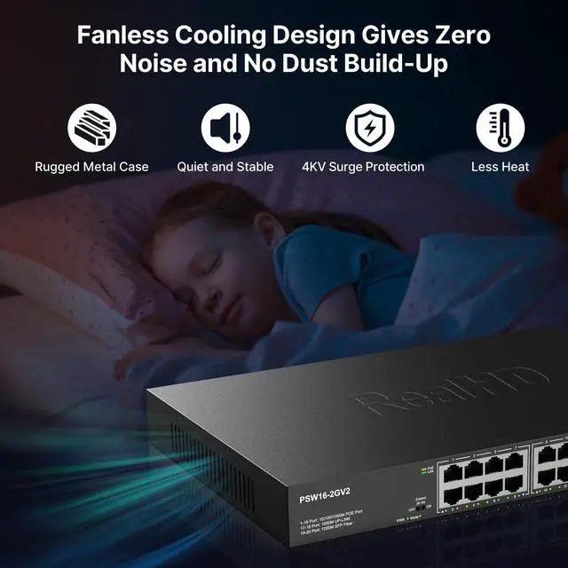 Alt view image 3 of 5 - 16 Port Full Gigabit PoE Switch with 2 *Gigabit SFP Ports & RJ45 Ports, Unmanaged Plug and Play, High Power Total Budget 300W, 802.3af/at Compliant, Fanless & Slience, Metal Housing, Rack Mount