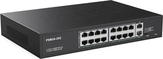 Main image of Real HD 16 Port PoE Switch, High Power 300W, 16 PoE+ 100Mbps Ports with 2 Gigabit Uplink Ethernet Ports, Unmanaged Plug and Play, Each Port Up to 30W, 802.3af/at Compliant, Rack Mount