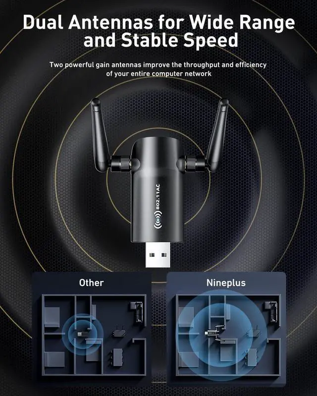 Alt view image 5 of 5 - Wireless USB WiFi Adapter for PC - Nineplus 1300Mbps Dual 5Dbi Antennas 5G/2.4G WiFi Adapter for Desktop PC Laptop Windows11/10/8/7/Vista/XP, Wireless Adapters for Desktop Computer Network Adapters