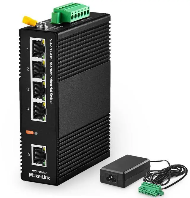 Main image of MokerLink 5 Port Industrial DIN-Rail Network Switch, 10/100Mbps Fast Ethernet, IP40 Rated Network Switch (-40 to 185°F), with UL Power Supply