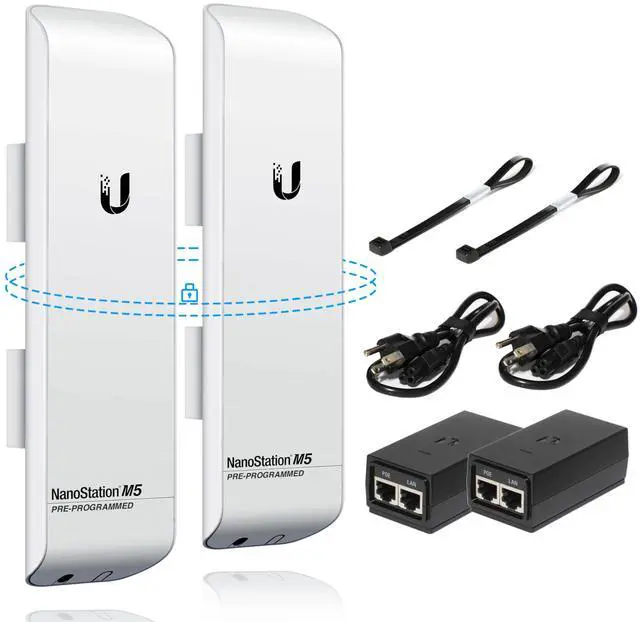 Main image of Wireless Bridge Ubiquiti NanoStation M5 PRE-CONFIGURED Bundle of 2 Ubiquiti airMAX NSM5-US, Point to Point Outdoor WiFi Bridge, Plugh and Play, 5GHz, 150+Mbps, 15+km Link Range, Network WiFi Bridge.
