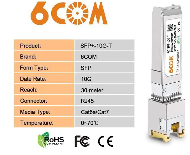 Alt view image 4 of 5 - 6COM 1.25G/2.5G/5G/10GBase-T SFP+ Transceiver, 10G SFP+ to RJ45 Copper Module, CAT.6a/7, up to 30 Meters, for Cisco SFP-10G-T-S, Ubiquiti uacc-cm-rj45-mg, D-Link, Supermicro, MikroTik S+RJ10 and More