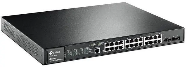 Main image of TP-Link 24 Port Gigabit PoE Switch; 24 PoE+ Ports @384W, w/4 SFP slots; L2 Managed; Limited Lifetime Protection; Support L2/L3/L4 QoS, IGMP and LAG; IPv6 and Static Routing (T2600G-28MPS)