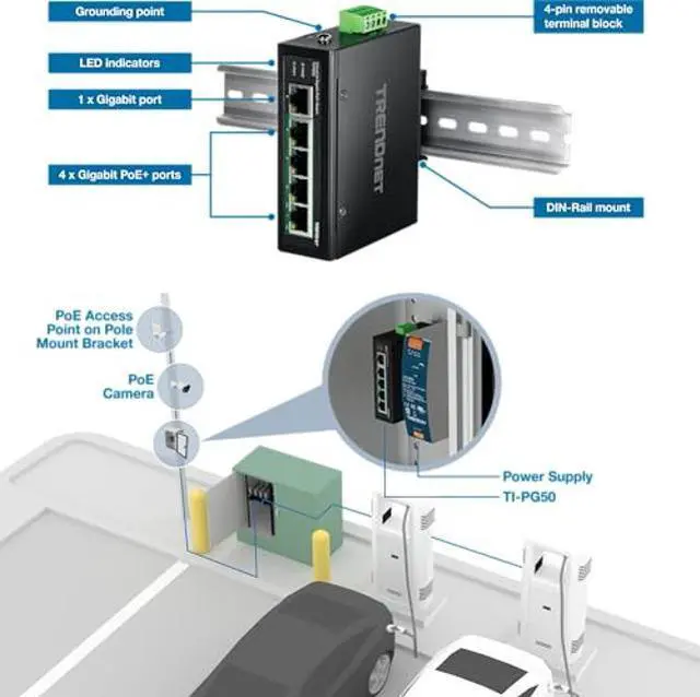 Alt view image 2 of 5 - TRENDnet 5-Port Hardened Industrial Unmanaged Gigabit Switch, TI-PG50, 10/100/1000Mbps, DIN-Rail Switch, 4 x Gigabit PoE+ Ports, 1 x Gigabit Port, Gigabit Ethernet Network Switch, Lifetime Protection