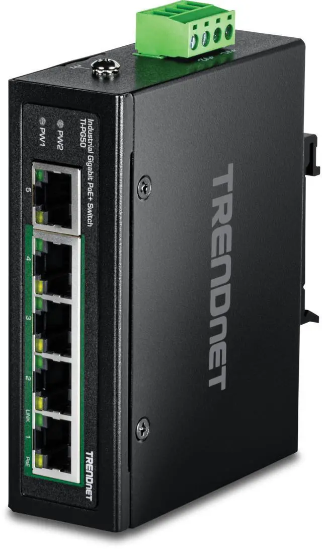Main image of TRENDnet 5-Port Hardened Industrial Unmanaged Gigabit Switch, TI-PG50, 10/100/1000Mbps, DIN-Rail Switch, 4 x Gigabit PoE+ Ports, 1 x Gigabit Port, Gigabit Ethernet Network Switch, Lifetime Protection
