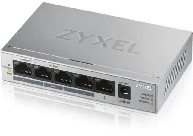 Main image of Zyxel 5 Port Gigabit Ethernet Unmanaged POE+ Switch | 4 x PoE+ @ 60W | Plug & Play | Sturdy Metal Housing | Desktop or Wall-Mount | Fanless | Lifetime Warranty | Ethernet Splitter | GS1005HP