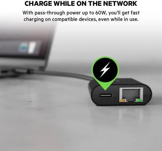 Alt view image 2 of 5 - Belkin 60W USB-C to Ethernet + Charge Adapter Cable w/ Gigabit Ethernet Port for High-Speed Network Access - Compatible with USB-C Devices Including MacBook Air, MacBook Pro, & Windows Laptops - Black
