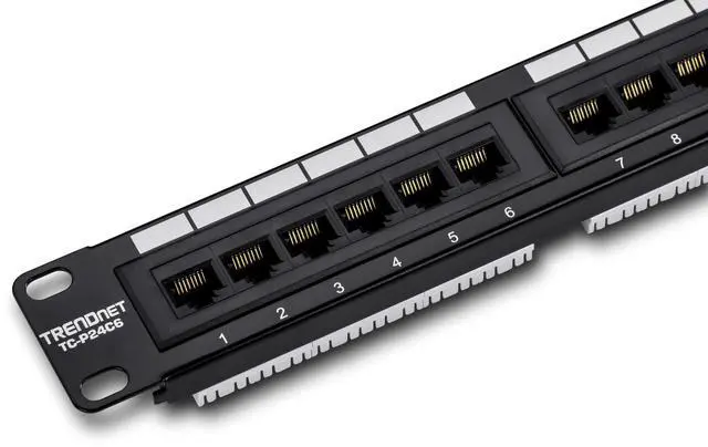 Main image of TRENDnet 24-Port Cat6 Unshielded Patch Panel, Wallmount or Rackmount, Compatible with Cat3,4,5,5e,6 Cabling, for Ethernet, Fast Ethernet, Gigabit Applications, Black, TC-P24C6 (Pack of 1)