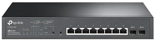 Main image of TP-Link TL-SG2210MP | Jetstream 10 Port Gigabit Smart Managed PoE switch | 8 PoE+ Ports @ 150W, 2 SFP Slots | Support Omada SDN | PoE Recovery | IPv6 | Static Routing | 5 Year Manufacturer Warranty