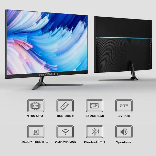 Alt view image 2 of 5 - All-in-One Desktop Computer Celeron N100 27 inch All-in-One PC 8GB RAM 512GB ROM Full HD IPS Display Built in Dual WiFi Bluetooth 5.1 All-in-One Computer with Wired Keyboard and Mouse USB3.0
