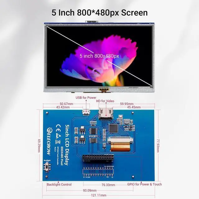 Alt view image 4 of 5 - ELECROW 5-Inch Resistive Touch Screen TFT LCD Display, 800x480 HD Resolution, Compatible with Raspberry Pi 5/4/3/2B/Zero, Banana Pi, Jetson Nano, Windows 11/10/8/7
