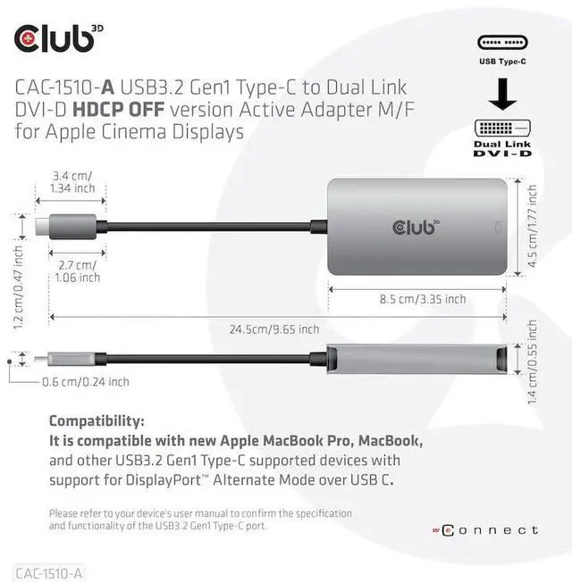 Alt view image 2 of 5 - Club3D CAC-1510-A USB Type C to Dual Link DVI-D Cable Adapter Support 3840x2160@30hz, 2560x1600@60Hz HDCP Off for Apple Cinema Displays M/F