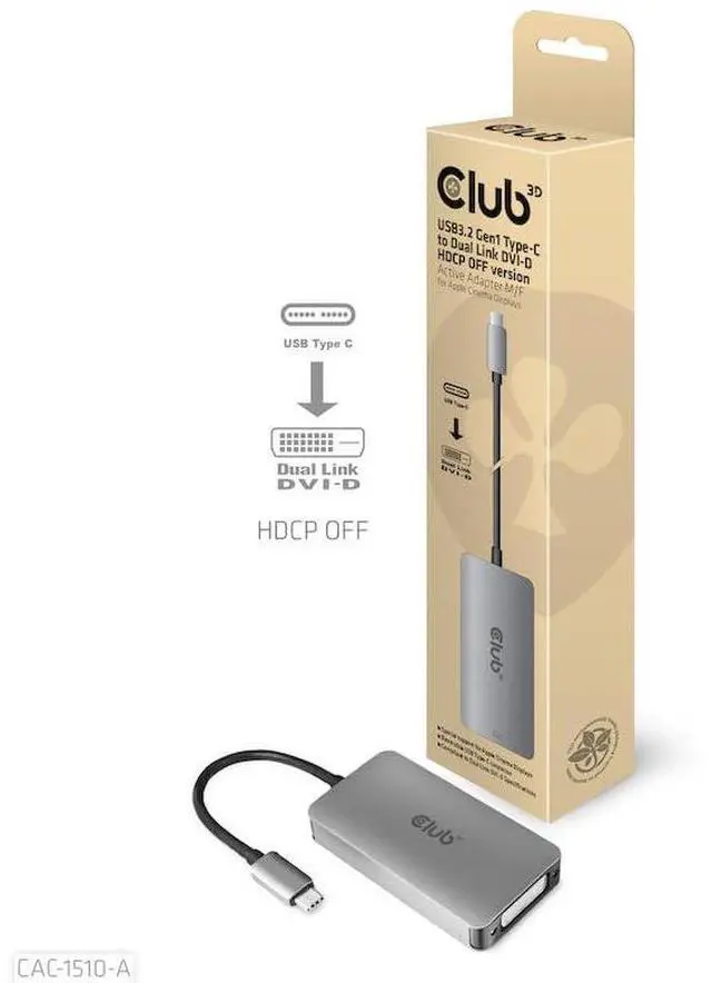 Alt view image 3 of 5 - Club3D CAC-1510-A USB Type C to Dual Link DVI-D Cable Adapter Support 3840x2160@30hz, 2560x1600@60Hz HDCP Off for Apple Cinema Displays M/F