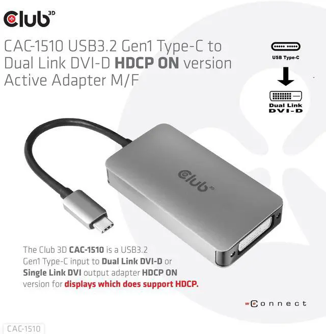 Alt view image 5 of 5 - Club3D CAC-1510-A USB Type C to Dual Link DVI-D Cable Adapter Support 3840x2160@30hz, 2560x1600@60Hz HDCP Off for Apple Cinema Displays M/F