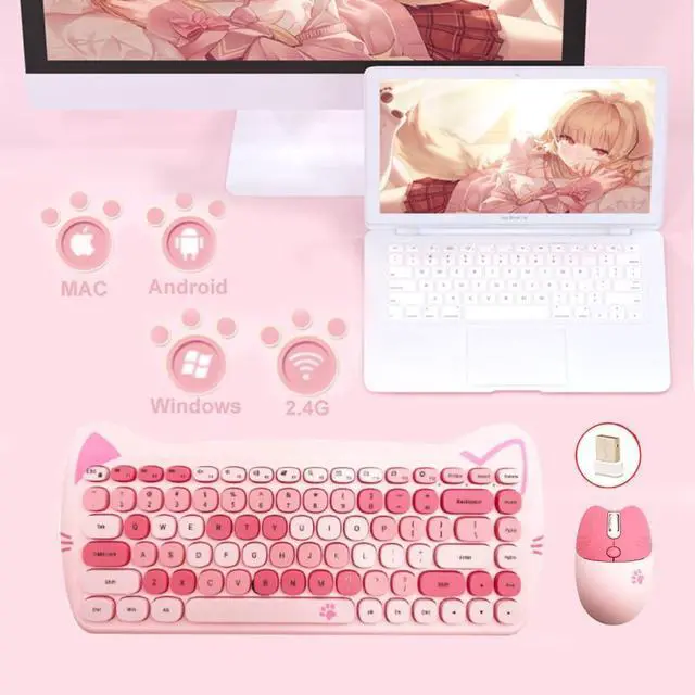 Alt view image 3 of 5 - Wireless Mouse and Keyboard, Cute Cat Keyboard Mouse Combo for Present,2.4G Cordless Computer Mice with USB Receiver for Laptop PC MAC (Cherry Blossom Pink)
