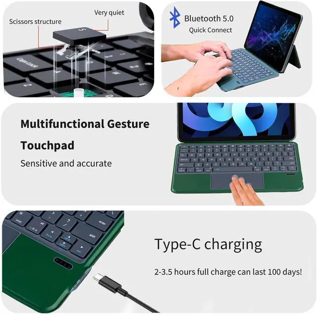 Alt view image 4 of 5 - QUARK Keyboard Case for iPad Pro 11-inch (4th, 3rd, 2nd, 1st Gen), 7-Color Backlit, Bluetooth Magnetic Keyboard Cover for 10.9-inch iPad Air 5th/4th Generation with TrackPad, Green