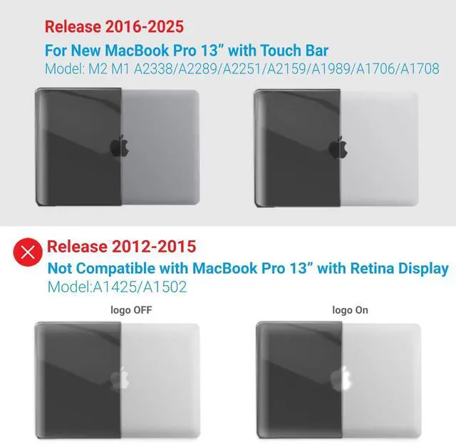 Alt view image 4 of 5 - IBENZER Compatible with 2025 2024 M2 MacBook Pro 13 Inch Case 2025-2016 M1 A2338 A2289 A2251 A2159 A1989 A1706 A1708, Hard Shell Case & Sleeve & Keyboard Cover & Type C, Crystal Black,T13CYBK+3A